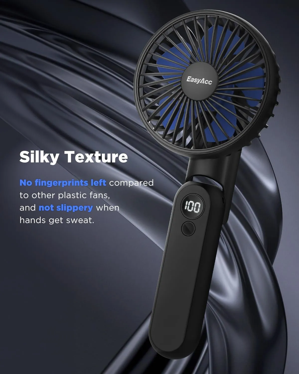 EasyAcc Portable Handheld Fan, Portable Fan for Travel [Ultra Quiet Powerful] 5 Speed Backup Power Digital Display Lanyard Foldable Fan Rechargeable 2600 Battery Hot Flashes Gift Outdoor Blue