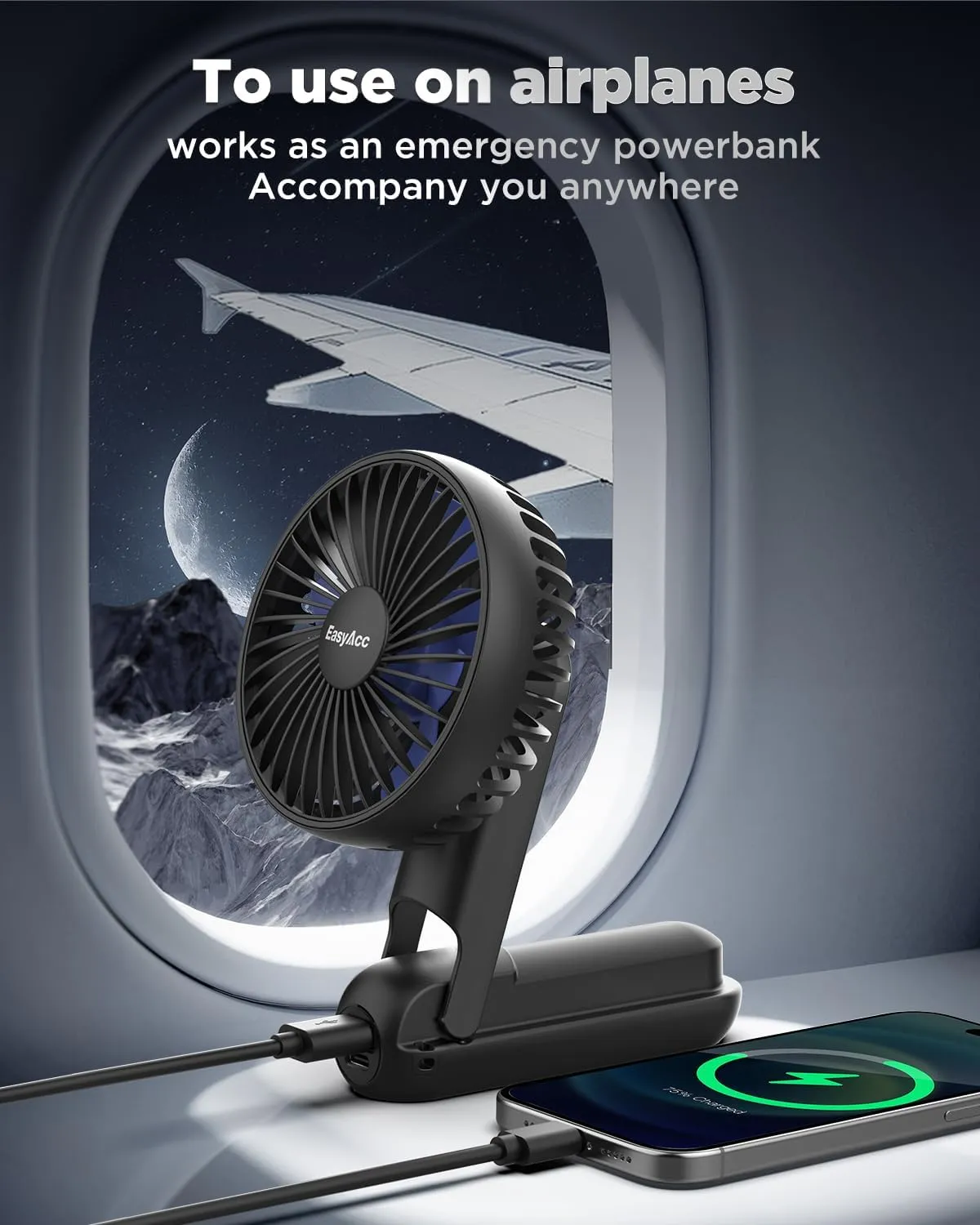 EasyAcc Portable Handheld Fan, Portable Fan for Travel [Ultra Quiet Powerful] 5 Speed Backup Power Digital Display Lanyard Foldable Fan Rechargeable 2600 Battery Hot Flashes Gift Outdoor Blue