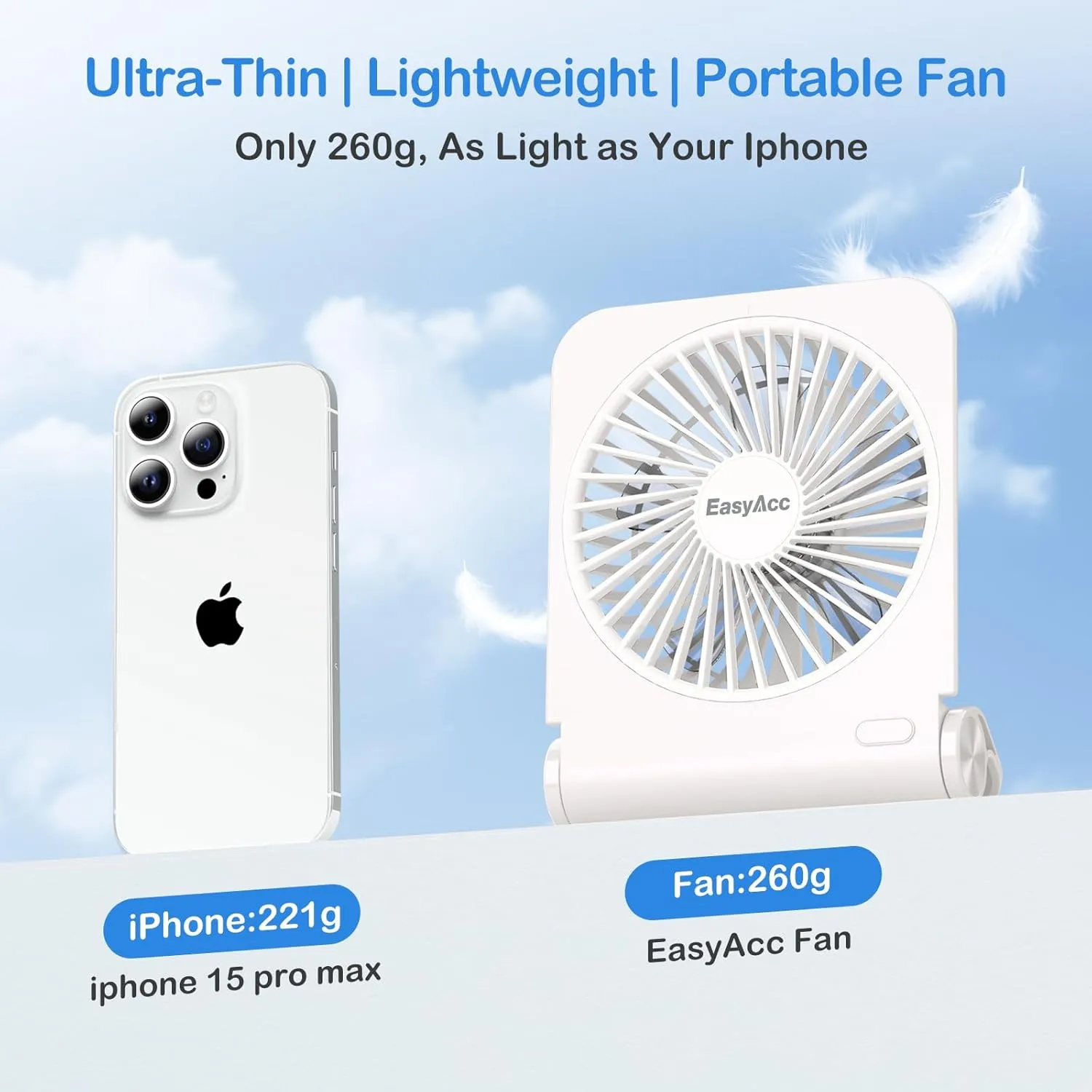 EasyAcc Small Travel Desk Fan, 4000 mAh Slim Portable Fan for Slumber Pod Camping, 180Tilt Folding, Fully Foldable, Rechargeable, Office Desktop Desk Camping Travel Accessories