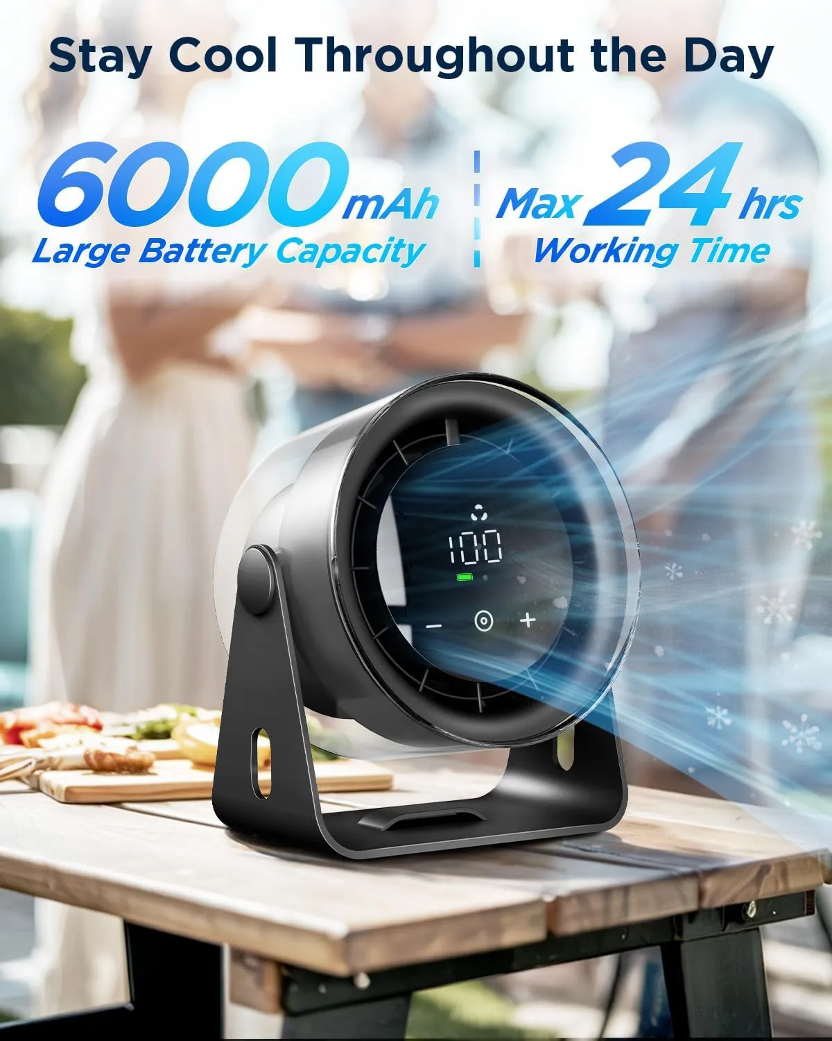 EasyAcc Small Turbo Desk Fan 6000mAh, Max 24 Hours Work Time, 16 ft Powerful Airflow, Portable Desk Fan for Bedroom, Memory Function, 120 Tilt Small Oscillating Fan for Office Kitchen Table Fan