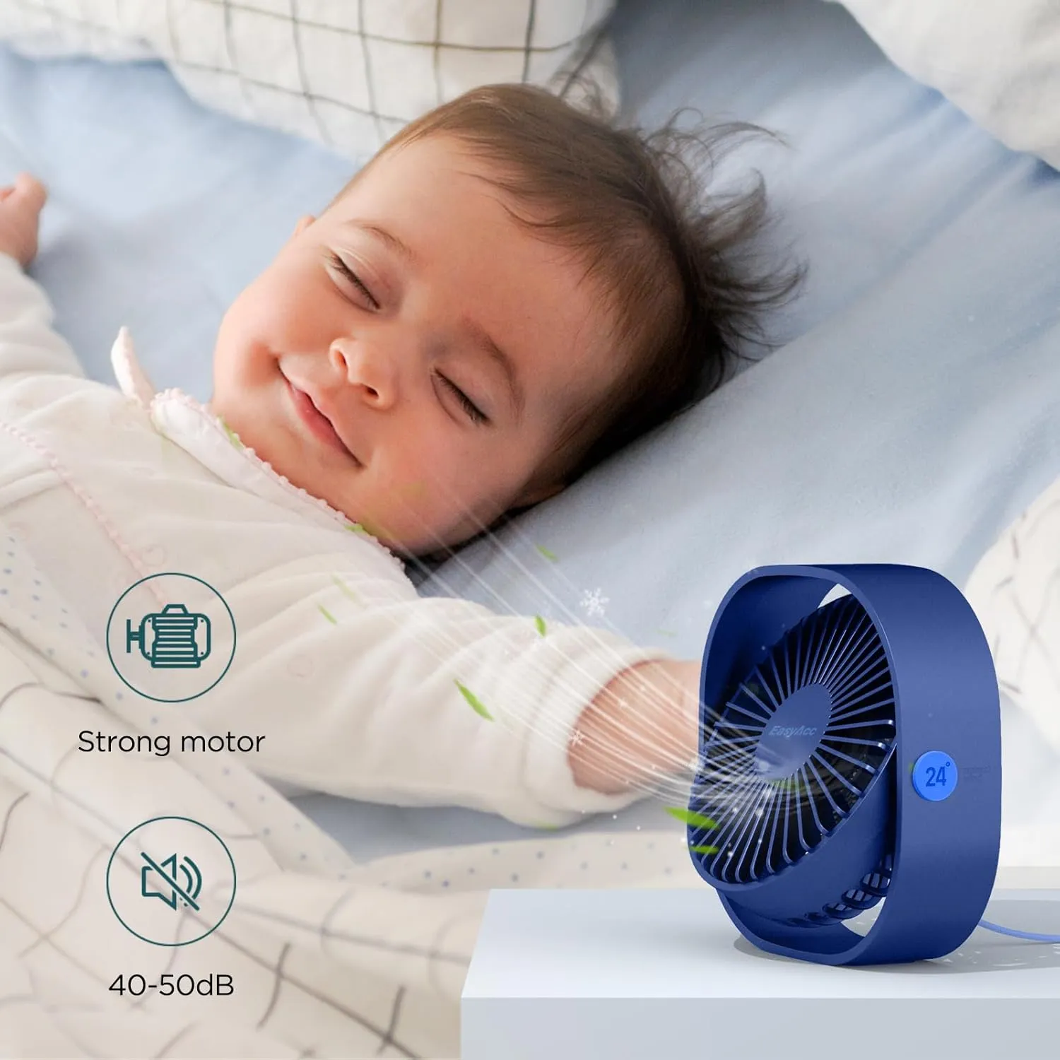 EasyAcc USB Small Desk Fan, Slumber Pod Fan [360Rotatable Head &Powerful ] 3 Speeds Portable Personal Table Travel Fan for Sleeping Desk Cruise Ship Dorm Bedroom Office (No Battery)
