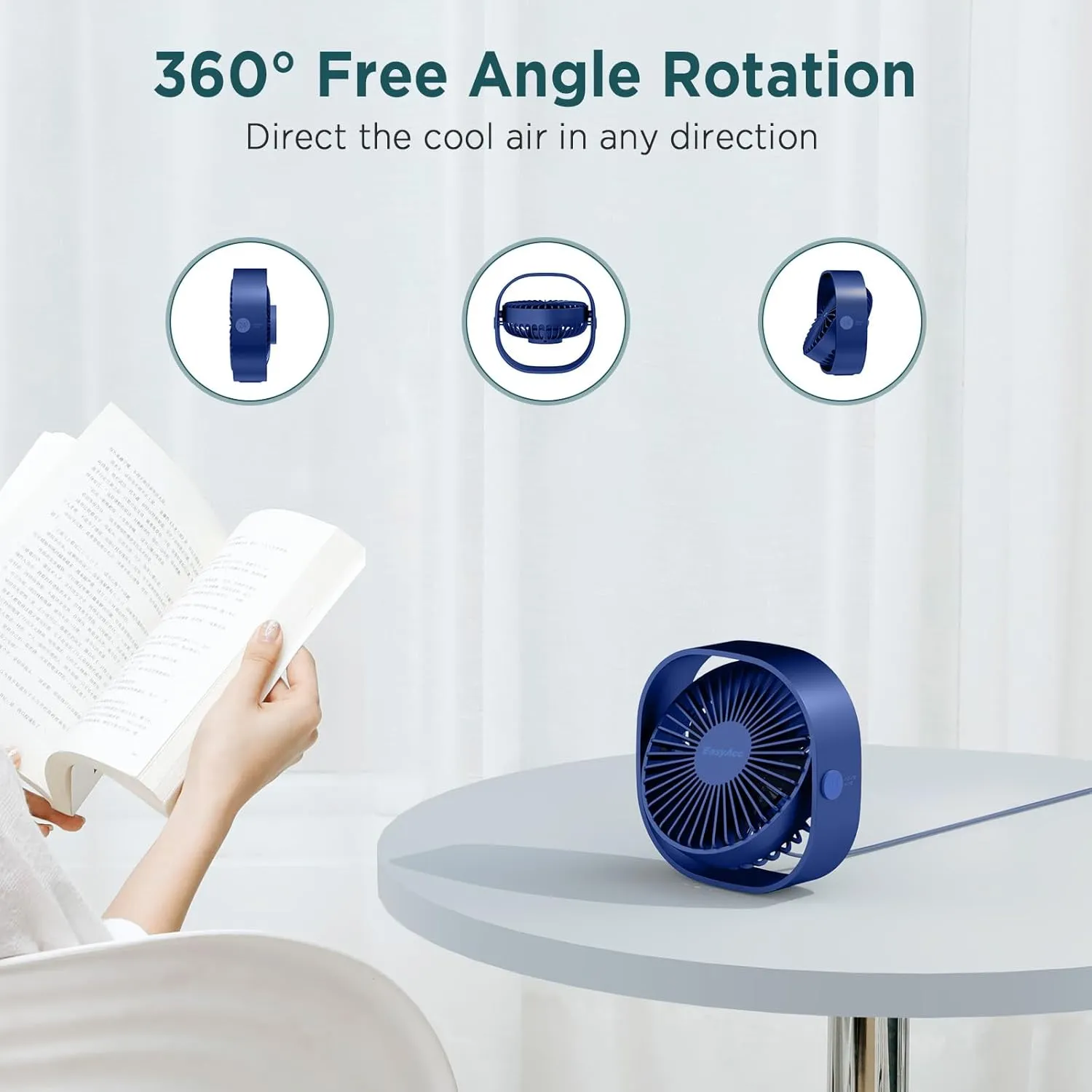 EasyAcc USB Small Desk Fan, Slumber Pod Fan [360Rotatable Head &Powerful ] 3 Speeds Portable Personal Table Travel Fan for Sleeping Desk Cruise Ship Dorm Bedroom Office (No Battery)