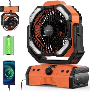 Easywave Camping Fan with LED Lantern: 30000mAh Rechargeable Battery Powered Outdoor Tent, Oscillating Fan with 360 Hanging Hook, Personal USB Desk Fan for Camping, Power Outage, Hurricane, Jobsite 360-degree rotating fan for home use