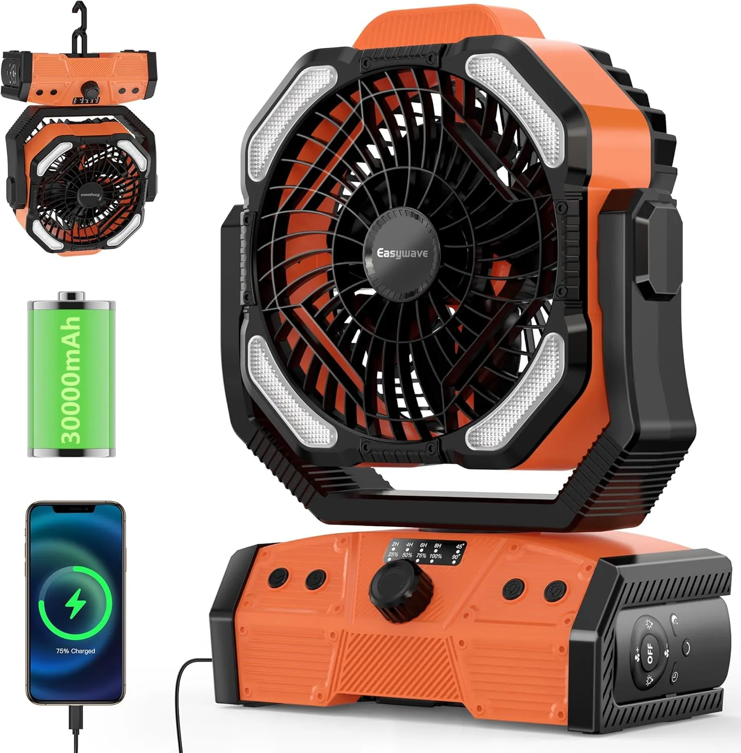 Easywave Camping Fan with LED Lantern: 30000mAh Rechargeable Battery Powered Outdoor Tent, Oscillating Fan with 360 Hanging Hook, Personal USB Desk Fan for Camping, Power Outage, Hurricane, Jobsite 360-degree rotating fan for home use
