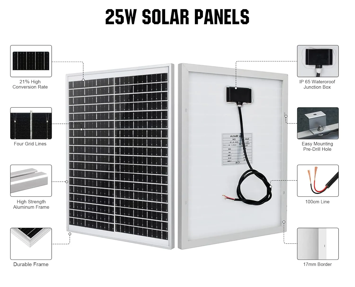 ECO-Worthy 2Pcs 12V 25W Solar Panel Monocrystalline Waterproof Panel for Charging 12V Battery of RV Boat Trailer ATV Car or Powering 12V Light, Charing 12V Battery Pack and Other Off-Grid Application