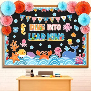 Eersida 85 Pcs Boho Ocean Bulletin Board Decorations with Paper Fans Under the Sea Animal Classroom Bulletin Board Set Starfish Crab Octopus Cutout for Back to School Education Learning Decor Supplies Octopus-shaped decorative fan