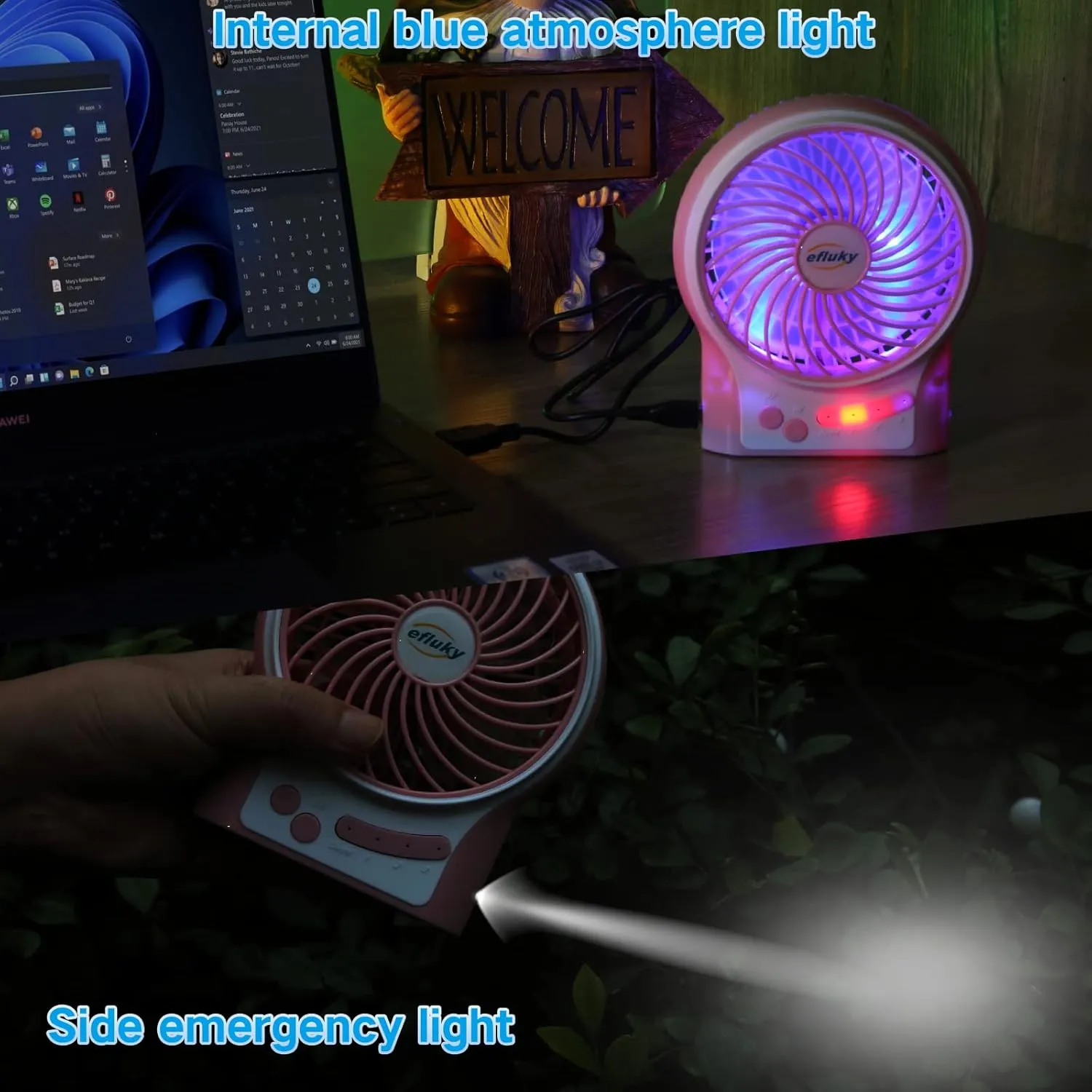 efluky 3-Speed Mini Desk Fan with LED Light, Portable USB Fan Quiet for Home, Office, Travel, Camping, Outdoor, Indoor, 4.9-Inch, Pink