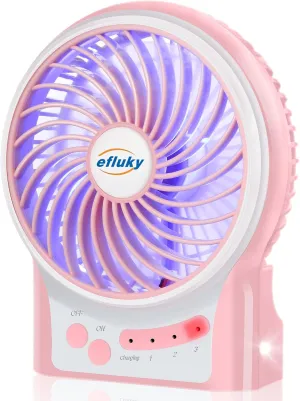 efluky 3-Speed Mini Desk Fan with LED Light, Portable USB Fan Quiet for Home, Office, Travel, Camping, Outdoor, Indoor, 4.9-Inch, Pink Battery-powered portable fan