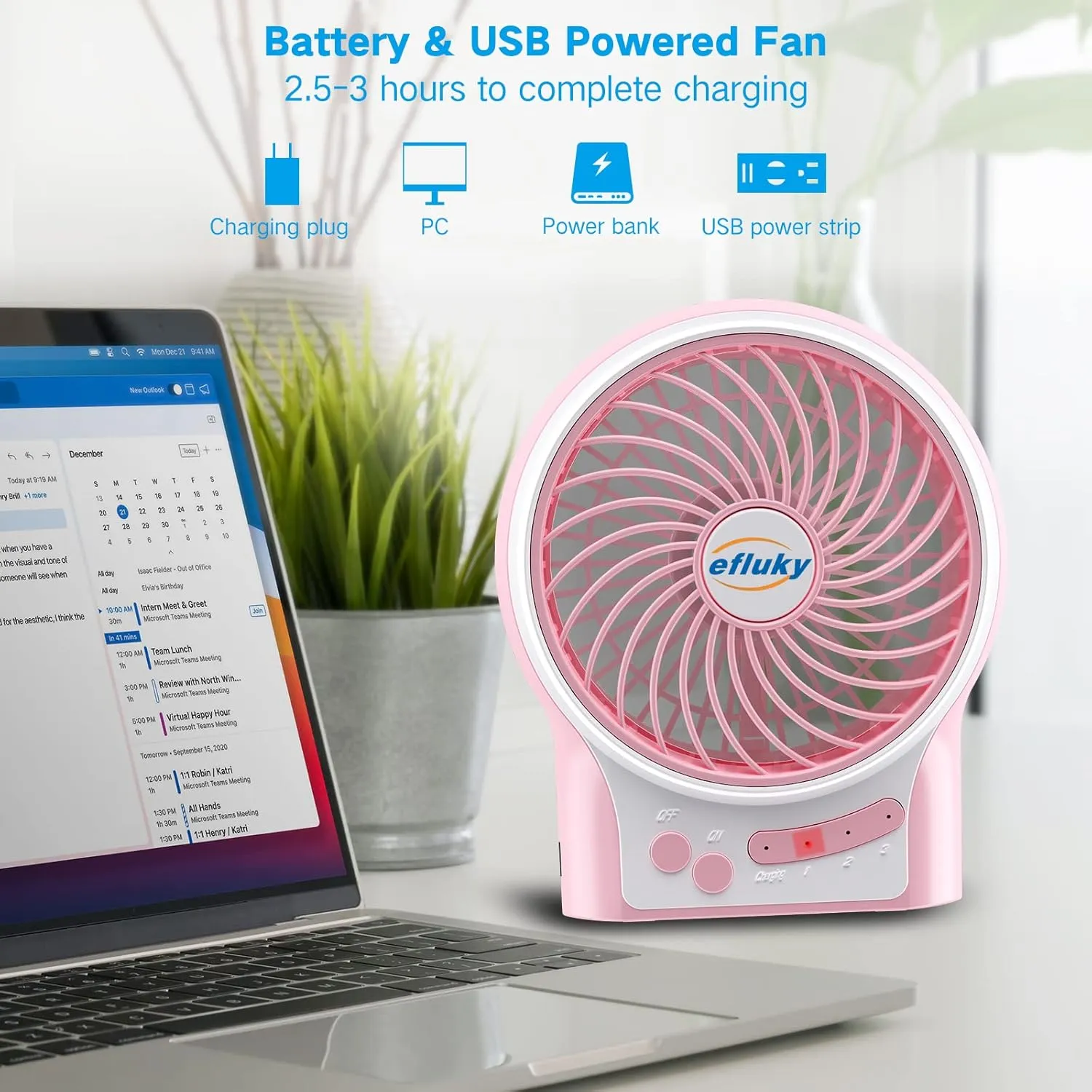 efluky 3-Speed Mini Desk Fan with LED Light, Portable USB Fan Quiet for Home, Office, Travel, Camping, Outdoor, Indoor, 4.9-Inch, Pink