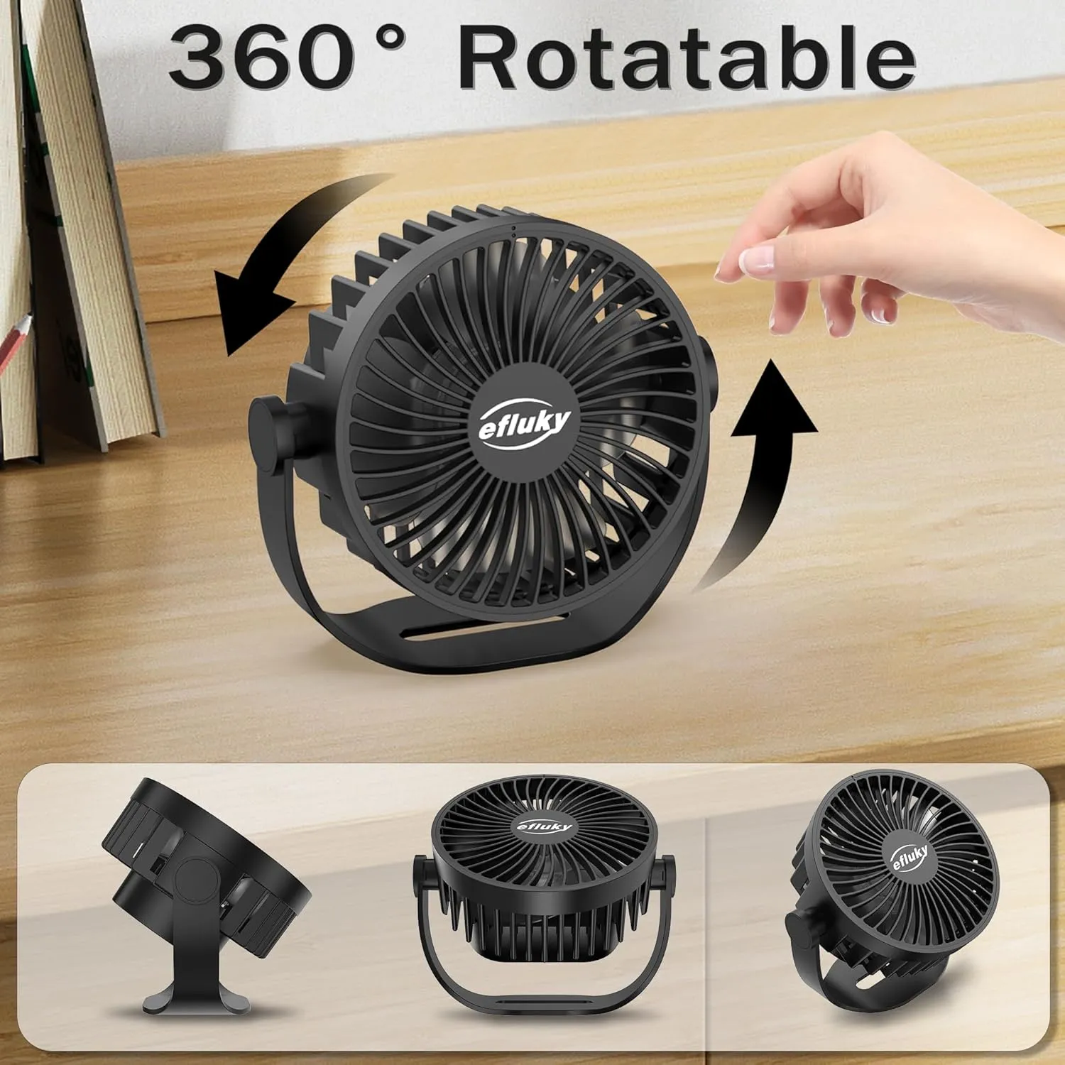 efluky USB Small Desk Fan, 3 Speeds USB Rechargeable Fan Built-in Battery, 360 Adjustment Portable Mini Fan Suitable for Home, Office and Travel, Black