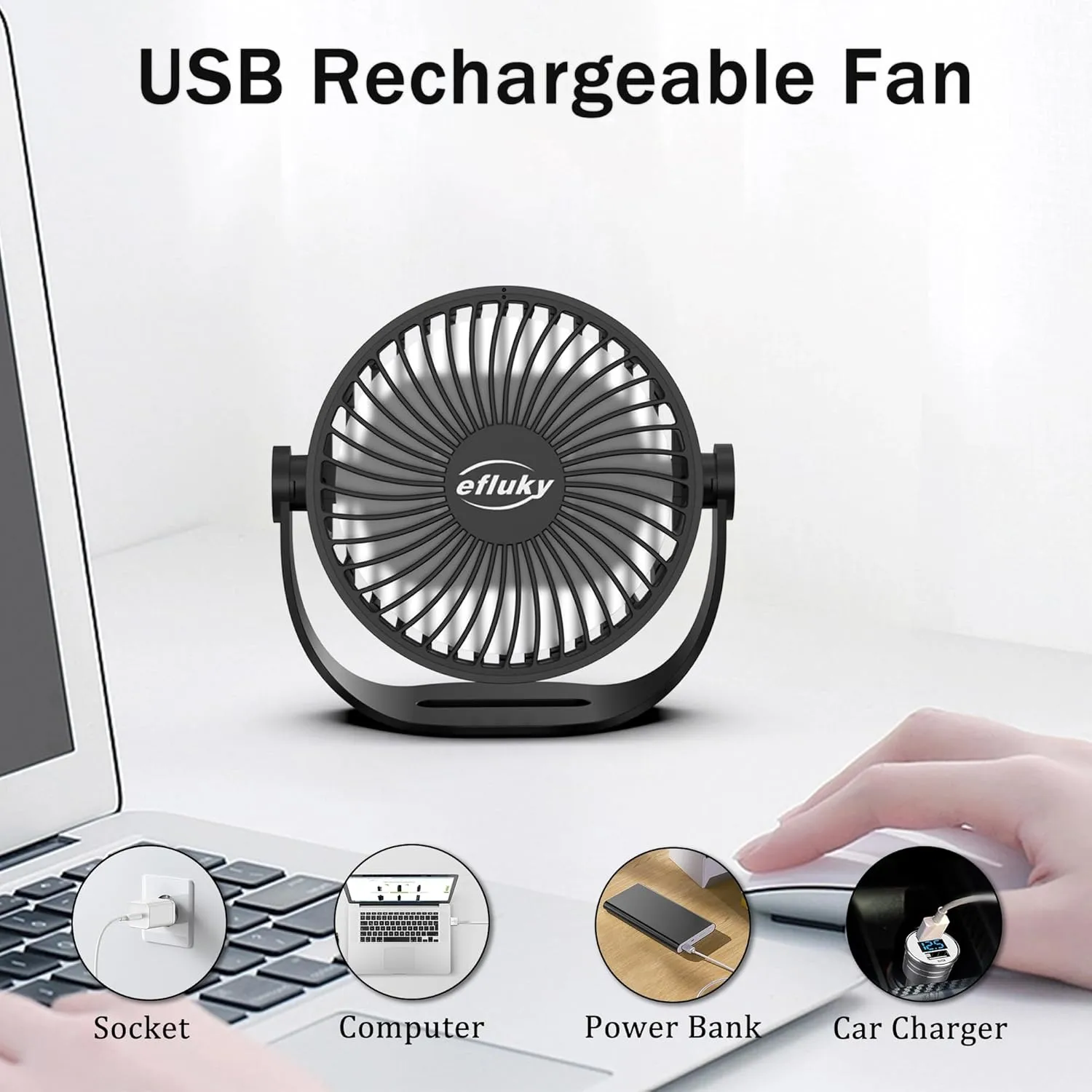 efluky USB Small Desk Fan, 3 Speeds USB Rechargeable Fan Built-in Battery, 360 Adjustment Portable Mini Fan Suitable for Home, Office and Travel, Black
