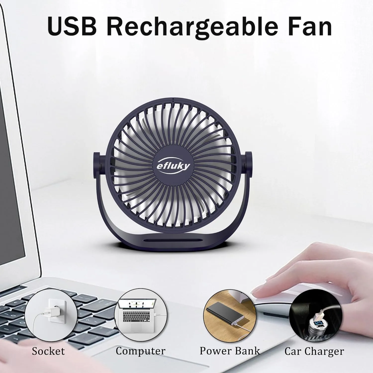 efluky USB Small Desk Fan, 3 Speeds USB Rechargeable Fan Built-in Battery, 360 Adjustment Portable Mini Fan Suitable for Home, Office and Travel, Blue