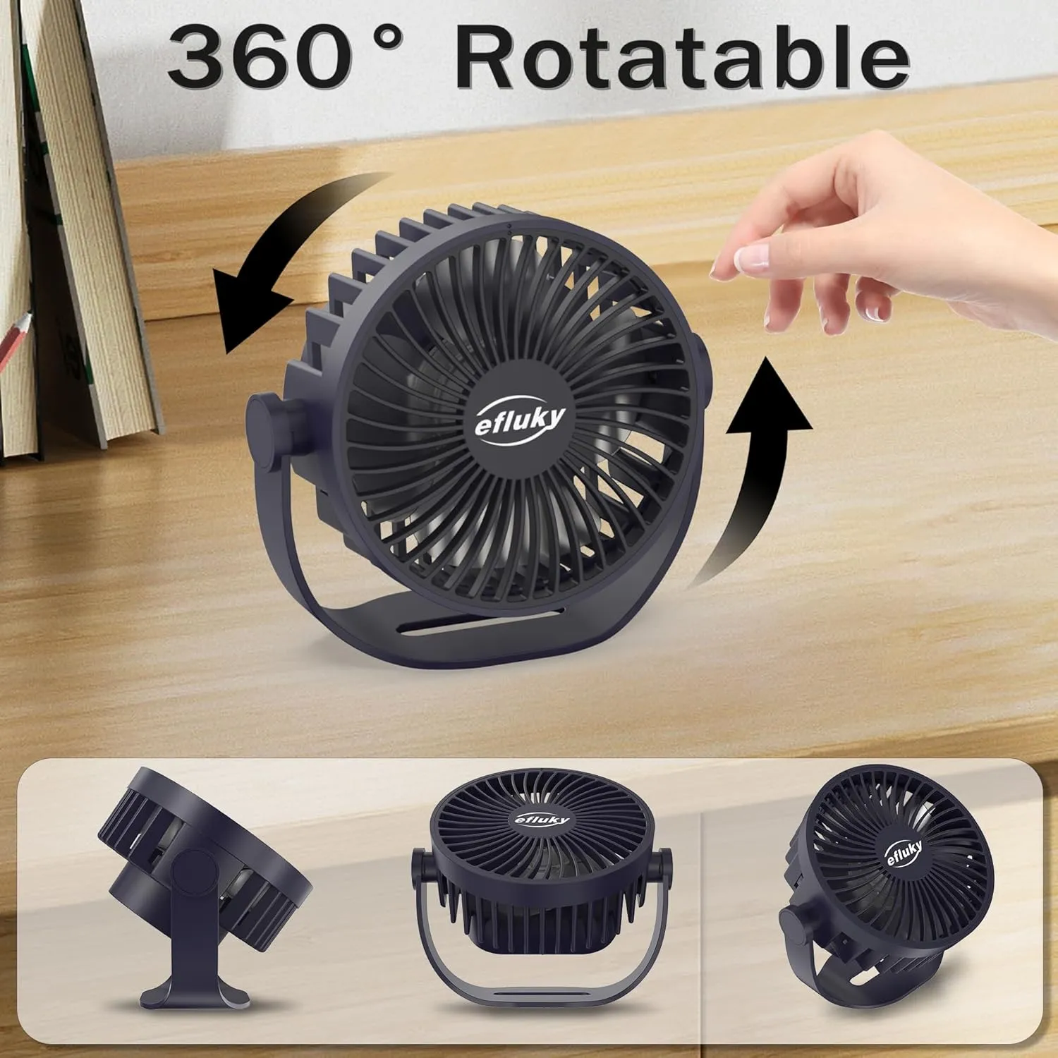 efluky USB Small Desk Fan, 3 Speeds USB Rechargeable Fan Built-in Battery, 360 Adjustment Portable Mini Fan Suitable for Home, Office and Travel, Blue