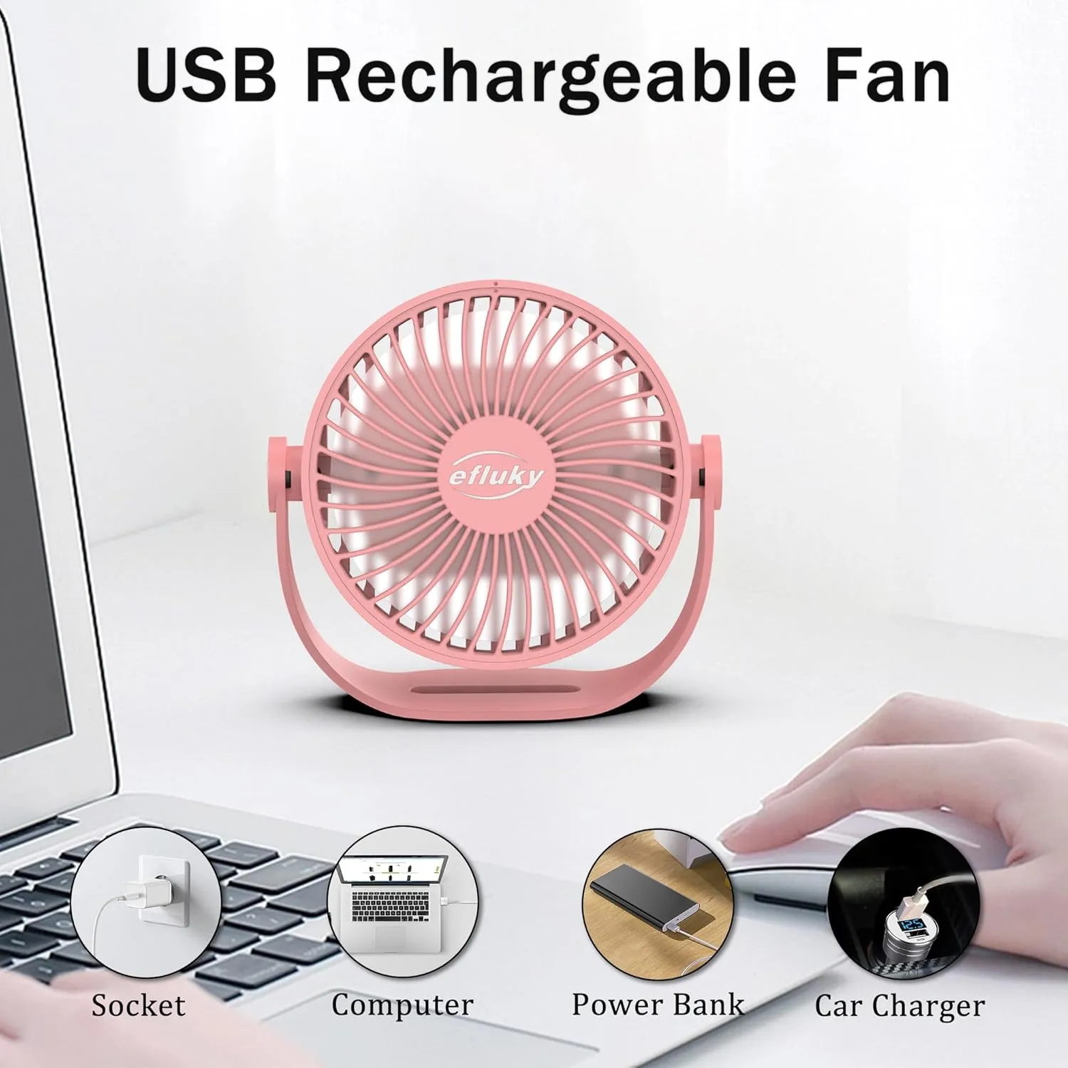 efluky USB Small Desk Fan, 3 Speeds USB Rechargeable Fan Built-in Battery, 360 Adjustment Portable Mini Fan Suitable for Home, Office and Travel, Pink