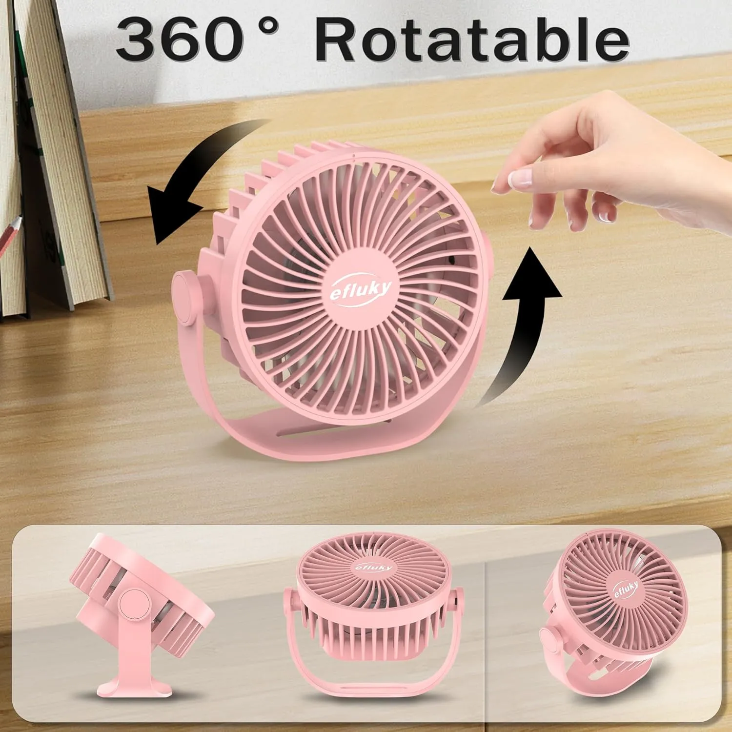 efluky USB Small Desk Fan, 3 Speeds USB Rechargeable Fan Built-in Battery, 360 Adjustment Portable Mini Fan Suitable for Home, Office and Travel, Pink