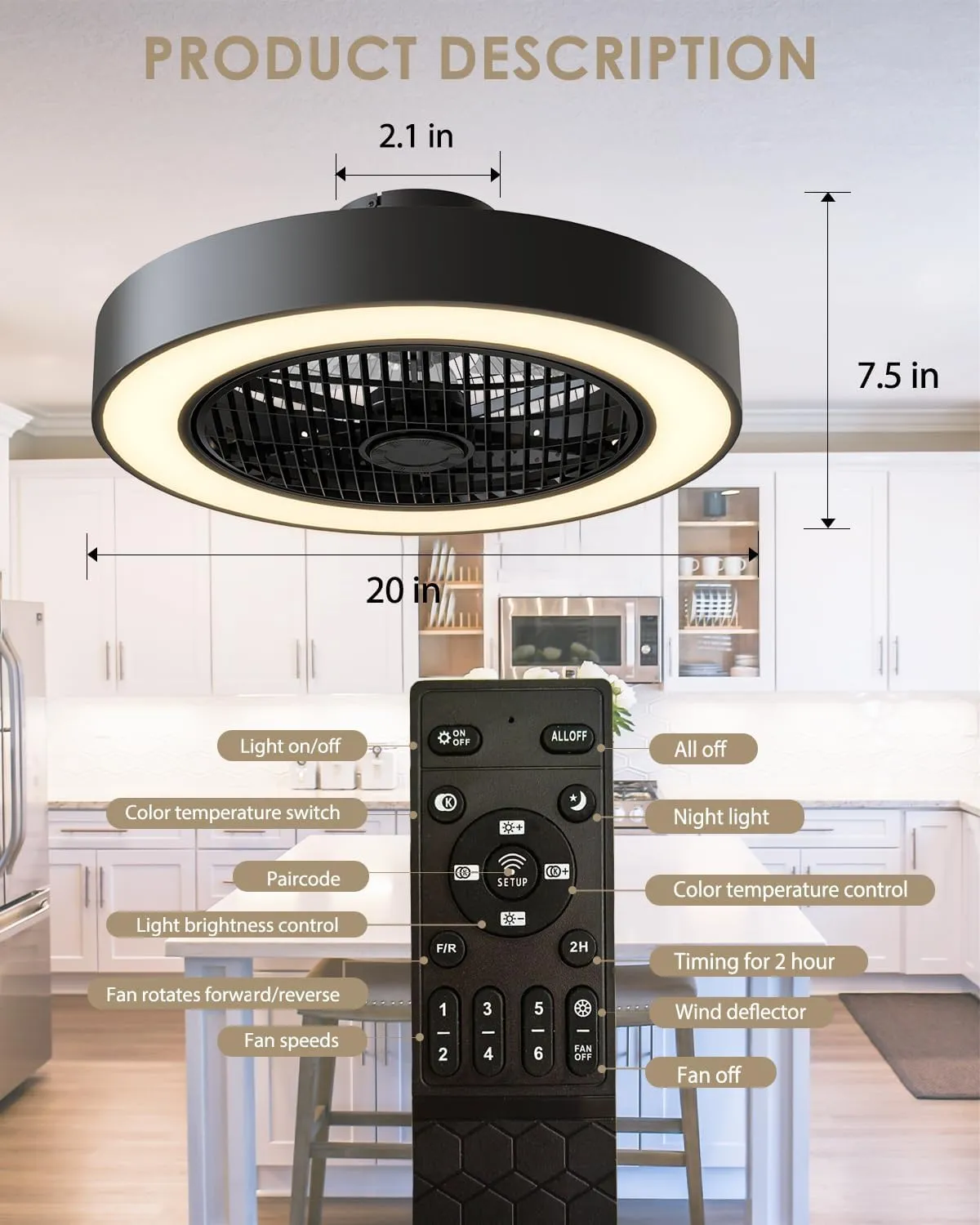 Enclosed Ceiling Fan with Lights, 20" Low Profile Fan Light LED Remote Control Dimming 6-Level Wind Speed, Flush Mount Ceiling Light with Fan Reversible Blades Hidden Ceiling Fan (Black)