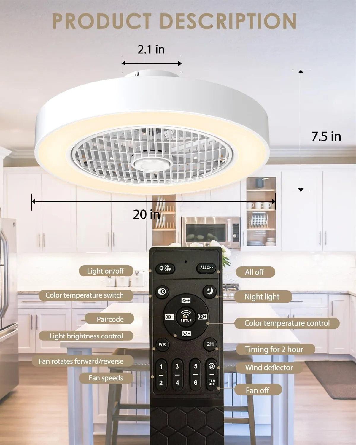 Enclosed Ceiling Fan with Lights, 20" Low Profile Fan Light LED Remote Control Dimming 6-Level Wind Speed, Flush Mount Ceiling Light with Fan Reversible Blades Hidden Ceiling Fan (White)