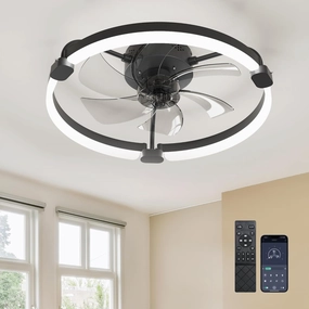Ensenior 20'' Low Profile Ceiling Fans with Lights and Remote, Fandelier Ceiling Fan Flush Mount, APP Control, 6 Speed & 3000K-6500K Stepless Dimmable Small Ceiling Fan with Light for Bedroom - Black App-controlled remote fan for convenience