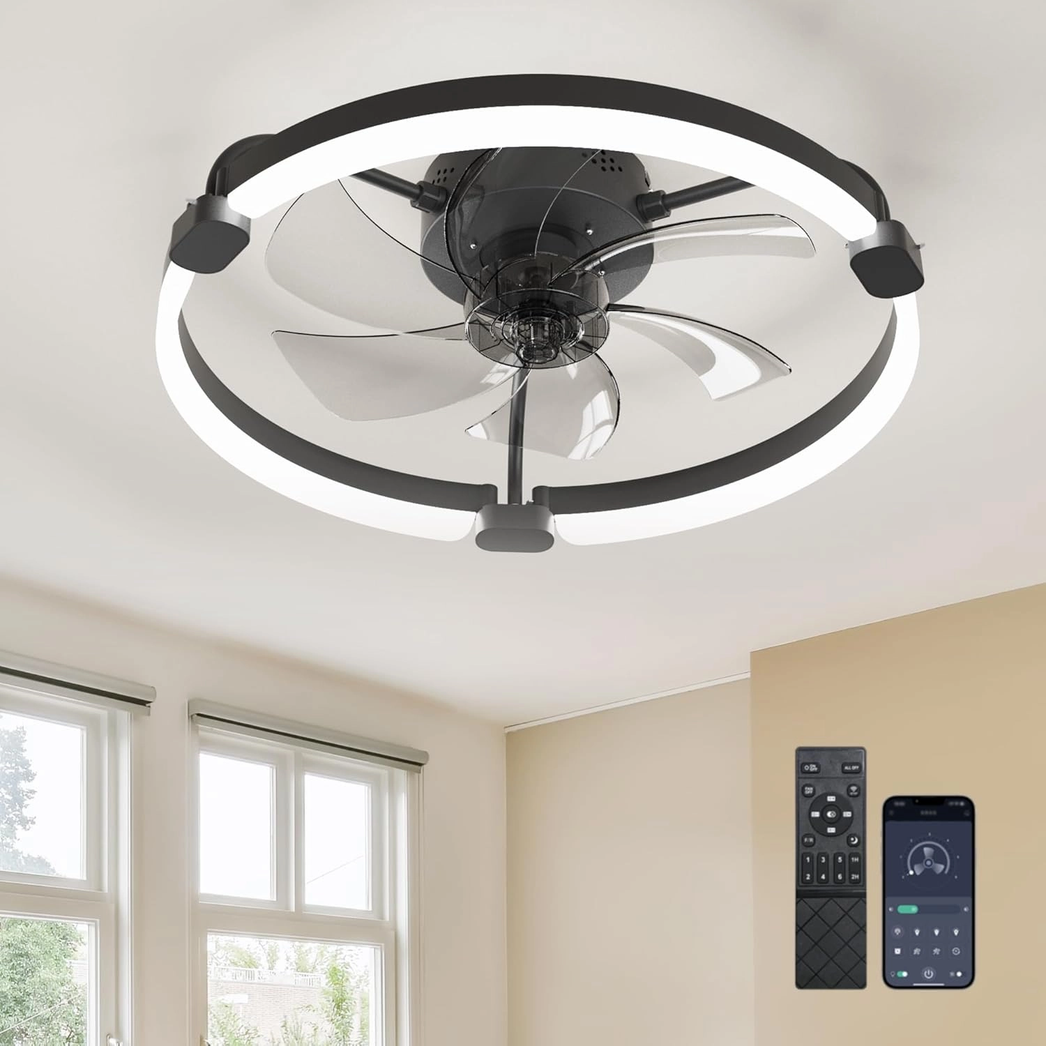 Ensenior 20'' Low Profile Ceiling Fans with Lights and Remote, Fandelier Ceiling Fan Flush Mount, APP Control, 6 Speed & 3000K-6500K Stepless Dimmable Small Ceiling Fan with Light for Bedroom - Black App-controlled remote fan for convenience