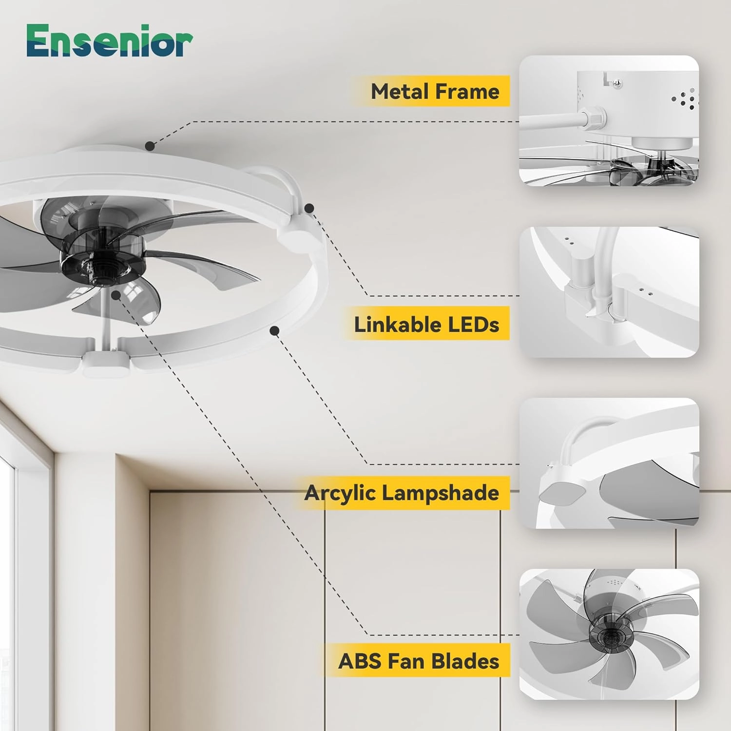 Ensenior 20'' Low Profile Ceiling Fans with Lights and Remote, Fandelier Ceiling Fan Flush Mount, APP Control, 6 Speed & 3000K-6500K Stepless Dimmable Small Ceiling Fan with Light for Bedroom - White