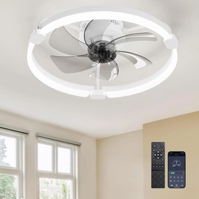 Ensenior 20'' Low Profile Ceiling Fans with Lights and Remote, Fandelier Ceiling Fan Flush Mount, APP Control, 6 Speed & 3000K-6500K Stepless Dimmable Small Ceiling Fan with Light for Bedroom - White App-controlled remote fan for convenience
