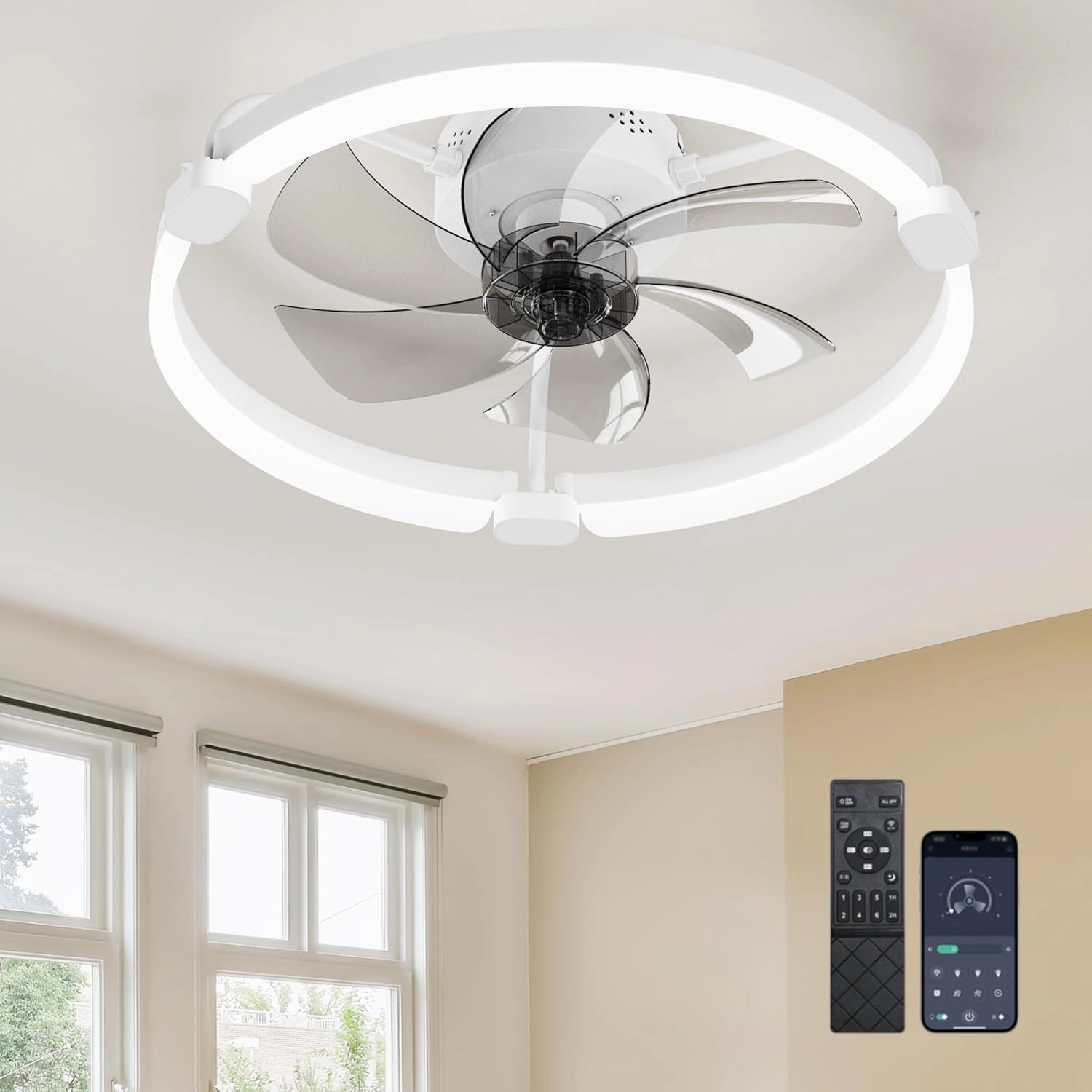 Ensenior 20'' Low Profile Ceiling Fans with Lights and Remote, Fandelier Ceiling Fan Flush Mount, APP Control, 6 Speed & 3000K-6500K Stepless Dimmable Small Ceiling Fan with Light for Bedroom - White App-controlled remote fan for convenience