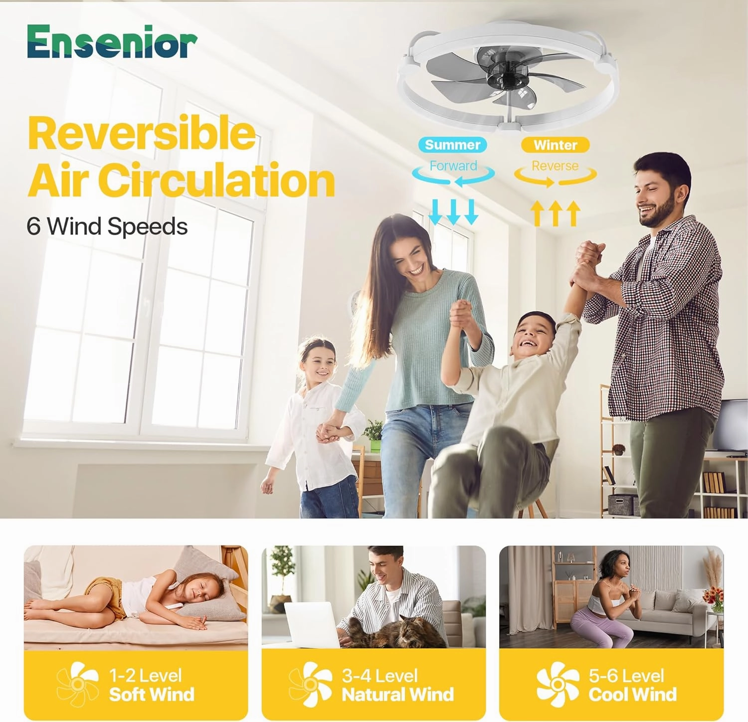 Ensenior 20'' Low Profile Ceiling Fans with Lights and Remote, Fandelier Ceiling Fan Flush Mount, APP Control, 6 Speed & 3000K-6500K Stepless Dimmable Small Ceiling Fan with Light for Bedroom - White