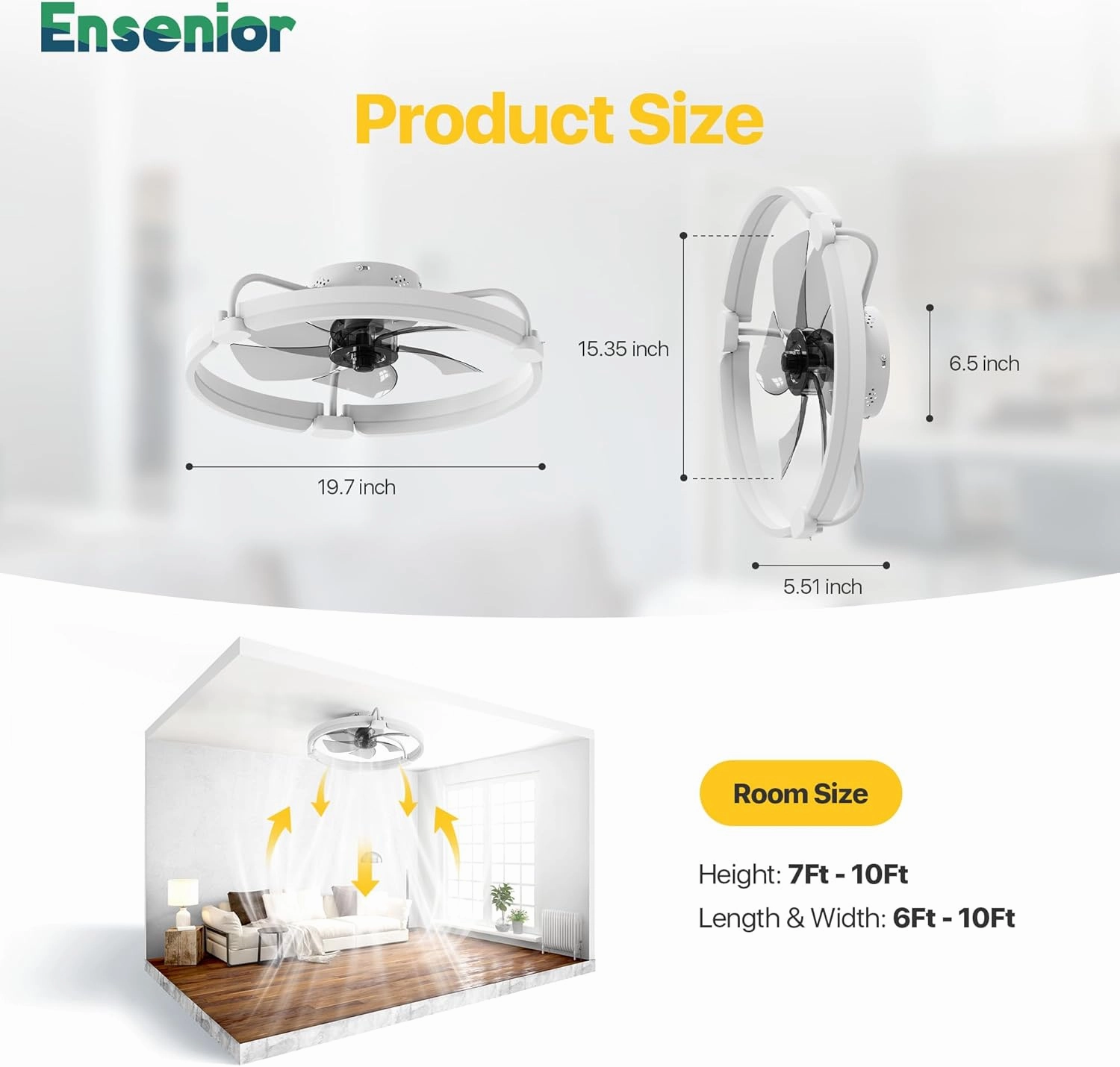Ensenior 20'' Low Profile Ceiling Fans with Lights and Remote, Fandelier Ceiling Fan Flush Mount, APP Control, 6 Speed & 3000K-6500K Stepless Dimmable Small Ceiling Fan with Light for Bedroom - White