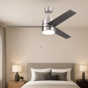 Ethen 52-Inch Ceiling Fan with Light, Ultra-Quiet Motor, Pull Chain Control, Reversible 3-Speed Settings, Modern 3-Blade Design, Bedroom Ceiling Fan with Lights in Brushed Nickel Fan with safety blade design