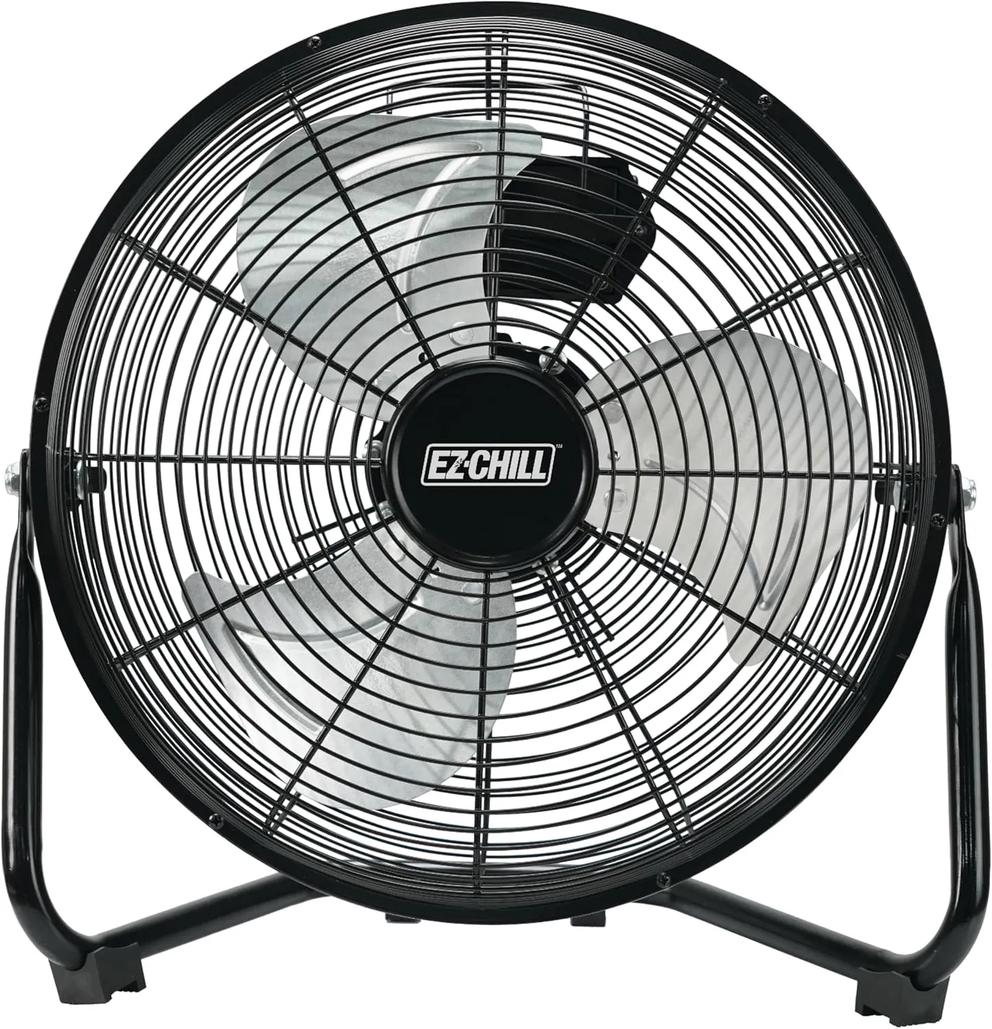 EZ-CHILL 12 Cradle Floor Fan, 3 Speed, High Velocity, 180 Degree Adjustable Tilt, All-Metal, Carry Handle, Rubber Feet, Airflow 15.42 ft/sec, Ideal for Home, Bedroom & Office, Black Fan with safety blade design