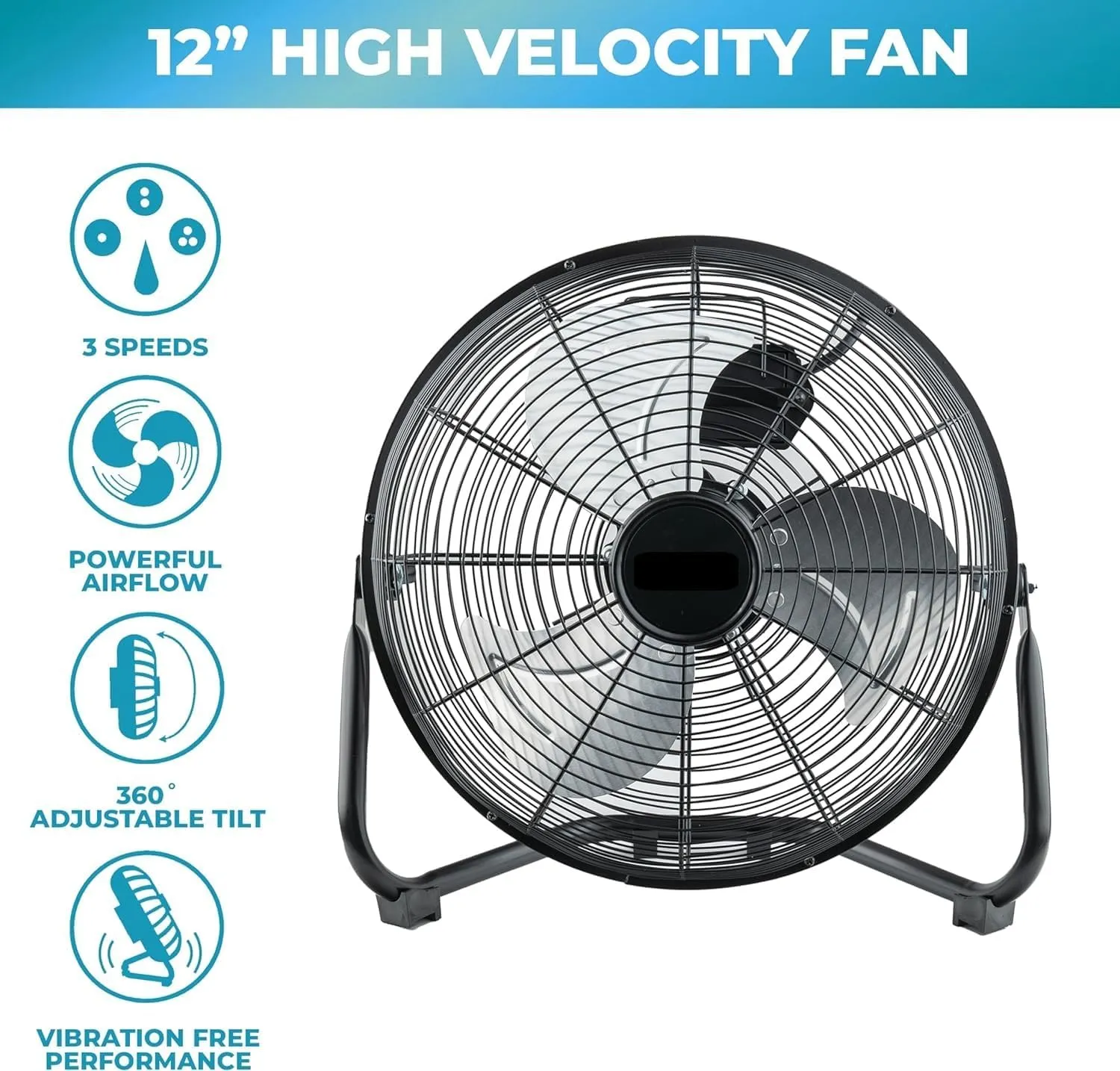 EZ-CHILL 12 Cradle Floor Fan, 3 Speed, High Velocity, 180 Degree Adjustable Tilt, All-Metal, Carry Handle, Rubber Feet, Airflow 15.42 ft/sec, Ideal for Home, Bedroom & Office, Black