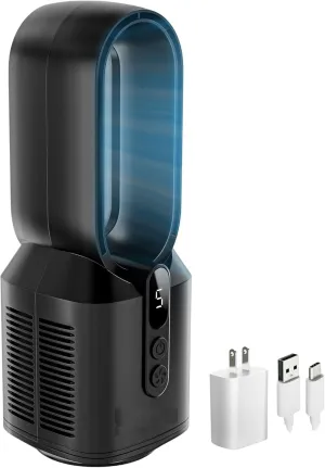 EZ-CHILL 14" Rechargeable Bladeless Tabletop Fan for Bedroom and Home, 5 Speed Settings, Display Screen, Non-Slip Feet, Ideal for Home Office, Quiet Operation, Black Small bladeless fan for quiet cooling