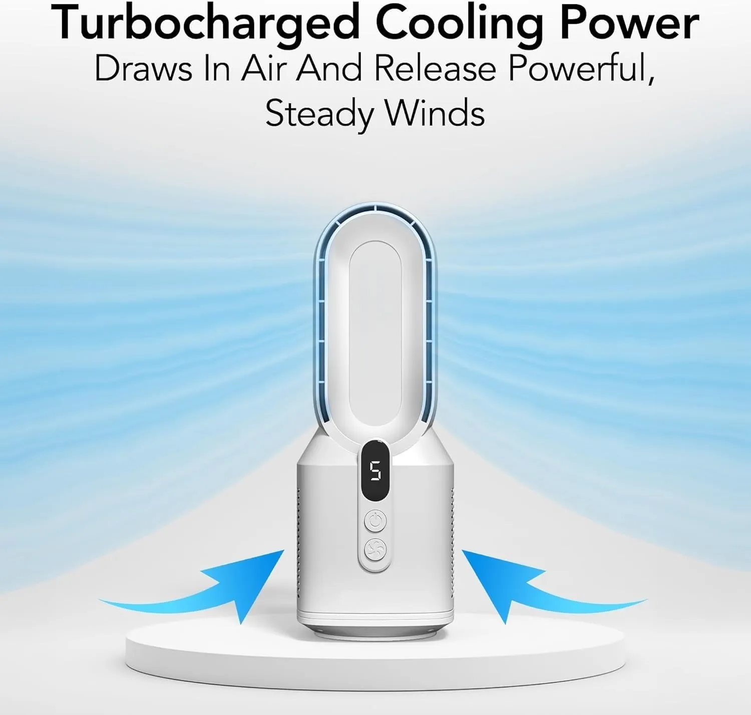 EZ-CHILL 14" Rechargeable Bladeless Tabletop Fan for Bedroom and Home, 5 Speed Settings, Display Screen, Non-Slip Feet, Ideal for Home Office, Quiet Operation, White