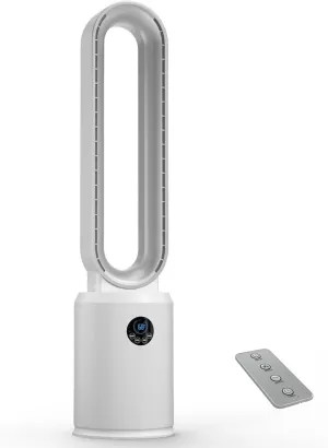 EZ-CHILL 40" Bladeless Tower Fan for Bedroom with Remote Control, 9H Timer, Wide Area Oscillation, Push Button Digital Display, 3 Speed Home Floor Fan, White/Silver Small bladeless fan for quiet cooling
