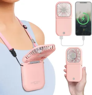 F-color Portable Fan for Travel - 3 Speeds Rechargeable Personal Fan, Folding Neck Fan for Summer Beach Office College Dorm Cruise Concert Disney Amusement Park Essentials, Pink Neck fan for hands-free comfort