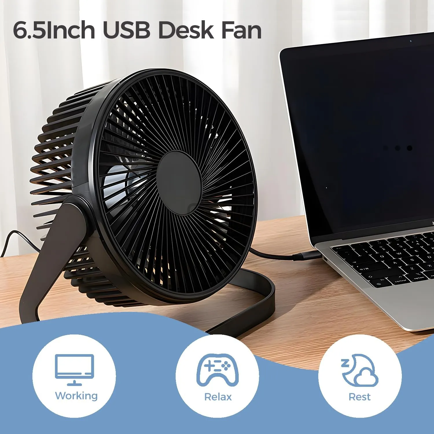 F06 USB Powered Desk Fan,6.5 inch,Powerful 2 Speeds,360 Degree Rotation,for Work/Study/Indoor (Black)
