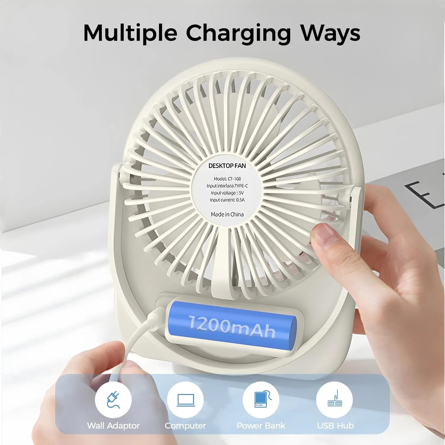 F125 Digital Display Mini Desktop Fan,5-10 Hours USB Rechargeable, Wall-Mounted,Powerful 5 Speeds,for Desk Use, Warm Night Light,for Work/Camping/Study (Black, Digital Display)