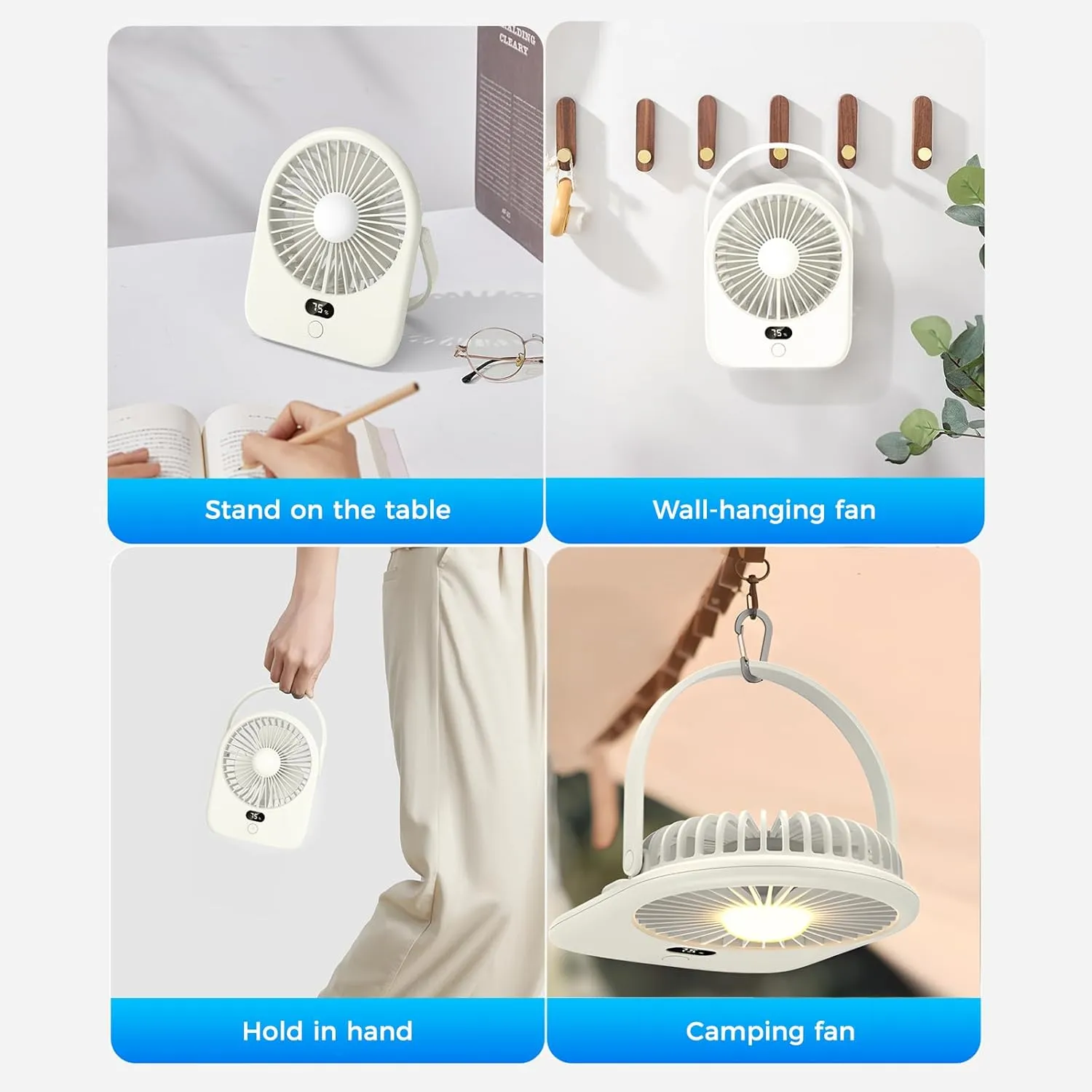 F125 Digital Display Mini Desktop Fan,5-10 Hours USB Rechargeable, Wall-Mounted,Powerful 5 Speeds,for Desk Use, Warm Night Light,for Work/Camping/Study (Black, Digital Display)