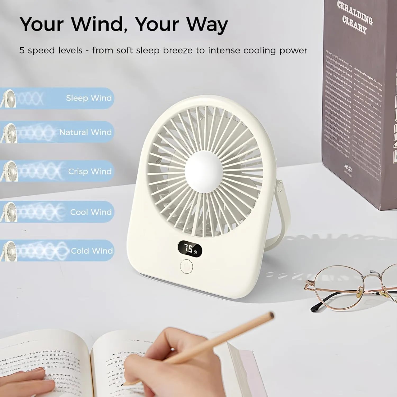F125 Digital Display Mini Desktop Fan,5-10 Hours USB Rechargeable, Wall-Mounted,Powerful 5 Speeds,for Desk Use, Warm Night Light,for Work/Camping/Study (Black, Digital Display)