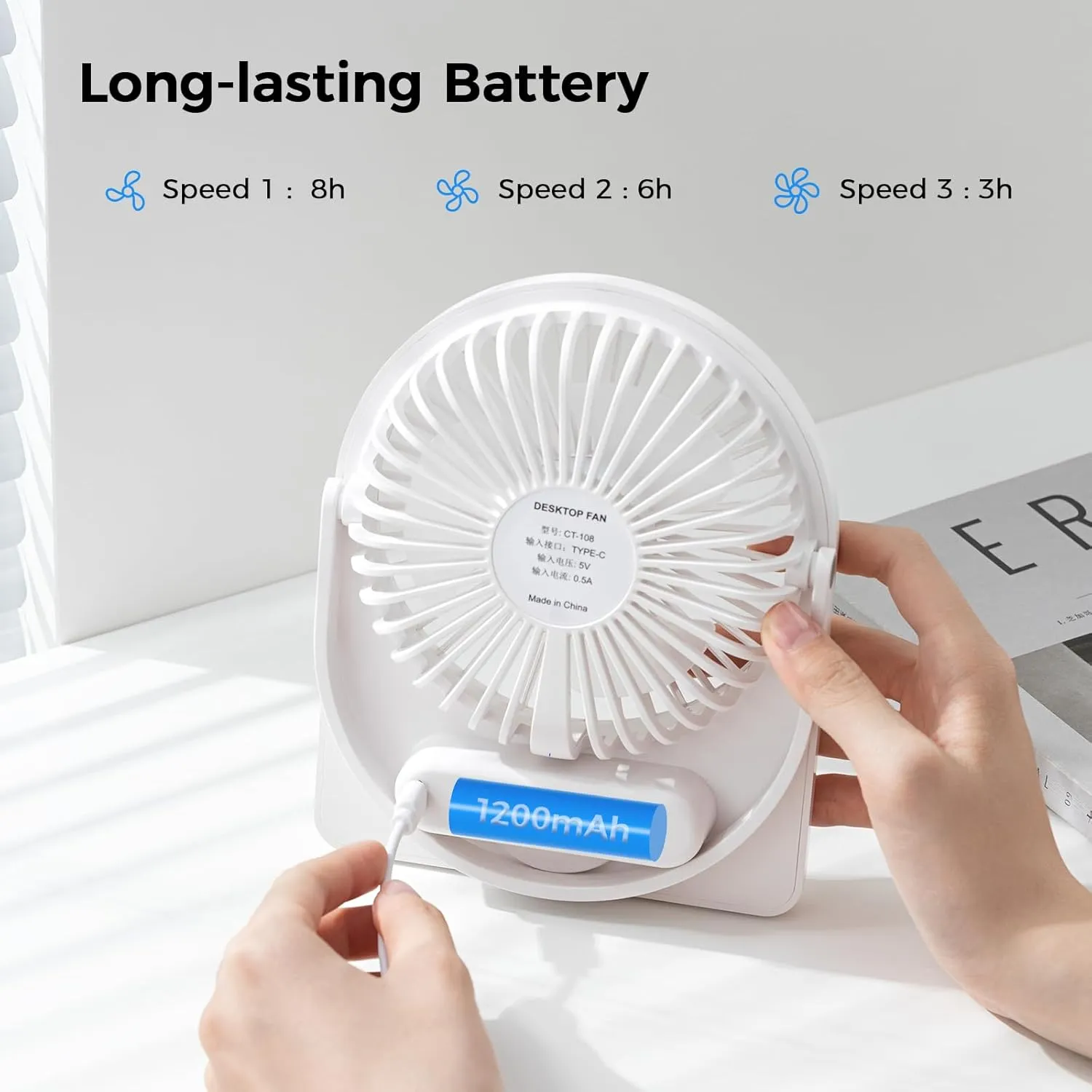 F125 Mini Desktop Fan,5-10 Hours USB Rechargeable, Wall-Mounted,Powerful 3 Speeds,for Desk Use, Warm Night Light,for Work/Camping/Study (White, Undigital Display)