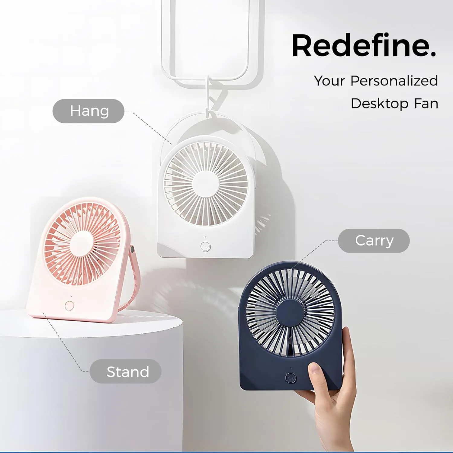 F125 Mini Desktop Fan,5-10 Hours USB Rechargeable, Wall-Mounted,Powerful 3 Speeds,for Desk Use, Warm Night Light,for Work/Camping/Study (White, Undigital Display)