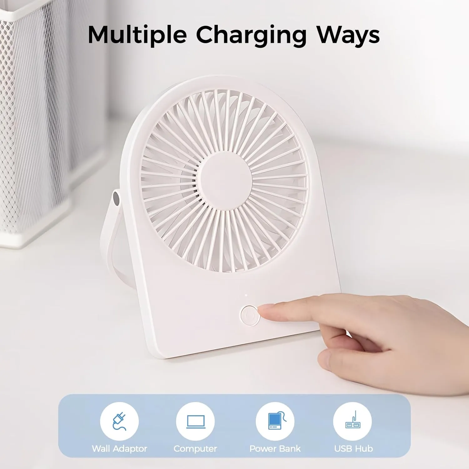 F125 Mini Desktop Fan,5-10 Hours USB Rechargeable, Wall-Mounted,Powerful 3 Speeds,for Desk Use, Warm Night Light,for Work/Camping/Study (White, Undigital Display)