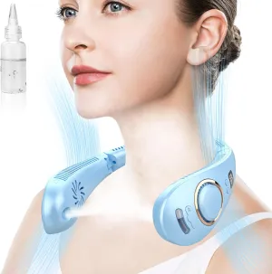 Fan with Water Spray Misting Fan,Neck Fan Rechargeable with LED Display Adjustable Speeds,Foldaway Powerful Soundless Compact Neck Hanging Fans with Water Mist for Travelling Outside Blue Neck fan for hands-free comfort