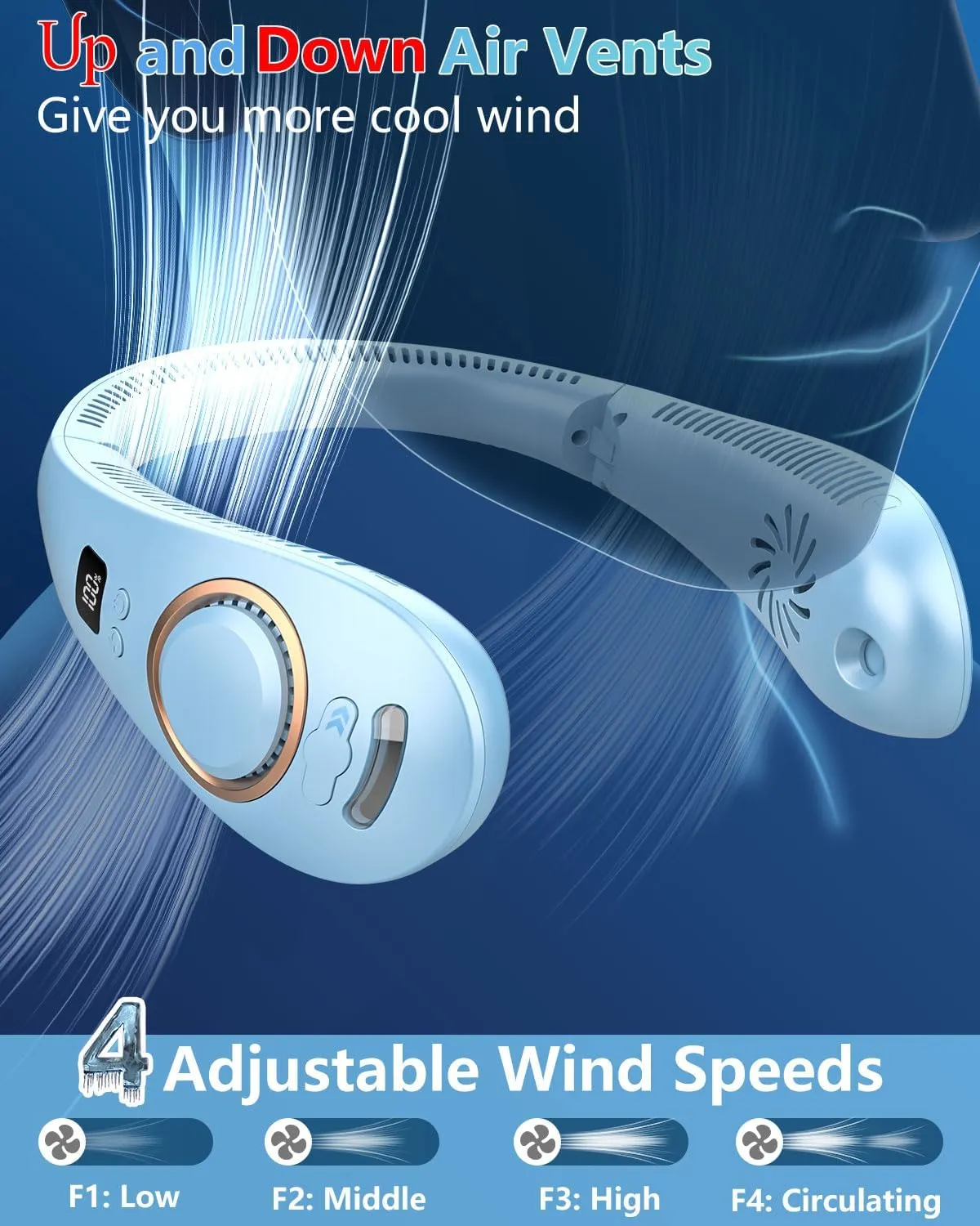 Fan with Water Spray Misting Fan,Neck Fan Rechargeable with LED Display Adjustable Speeds,Foldaway Powerful Soundless Compact Neck Hanging Fans with Water Mist for Travelling Outside Blue