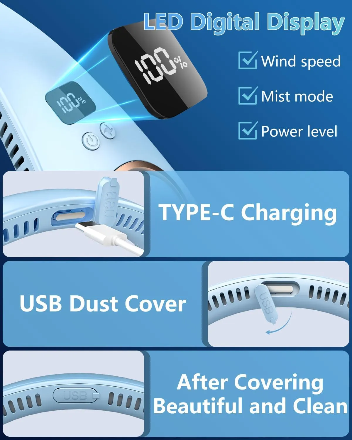 Fan with Water Spray Misting Fan,Neck Fan Rechargeable with LED Display Adjustable Speeds,Foldaway Powerful Soundless Compact Neck Hanging Fans with Water Mist for Travelling Outside Blue