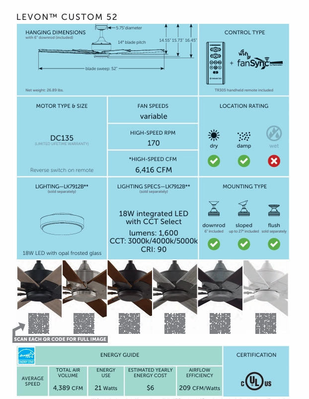 Fanimation 52" Levon DC Indoor/Oudoor Mix & Match Ceiling Fan with Remote Control
