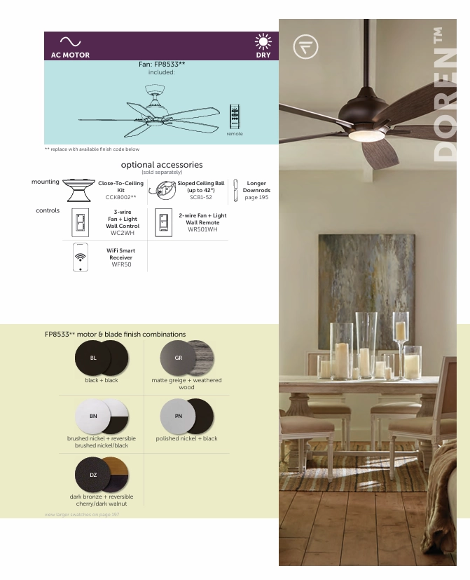 Fanimation Doren 52" Ceiling Fan with 17W LED Light and Remote Control