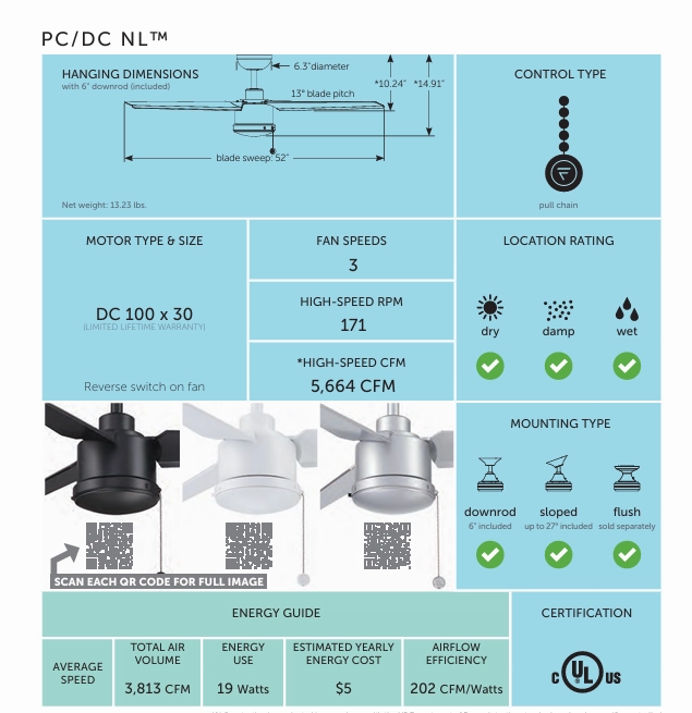 Fanimation PC/DC 52" Pull Chain Outdoor Ceiling Fan