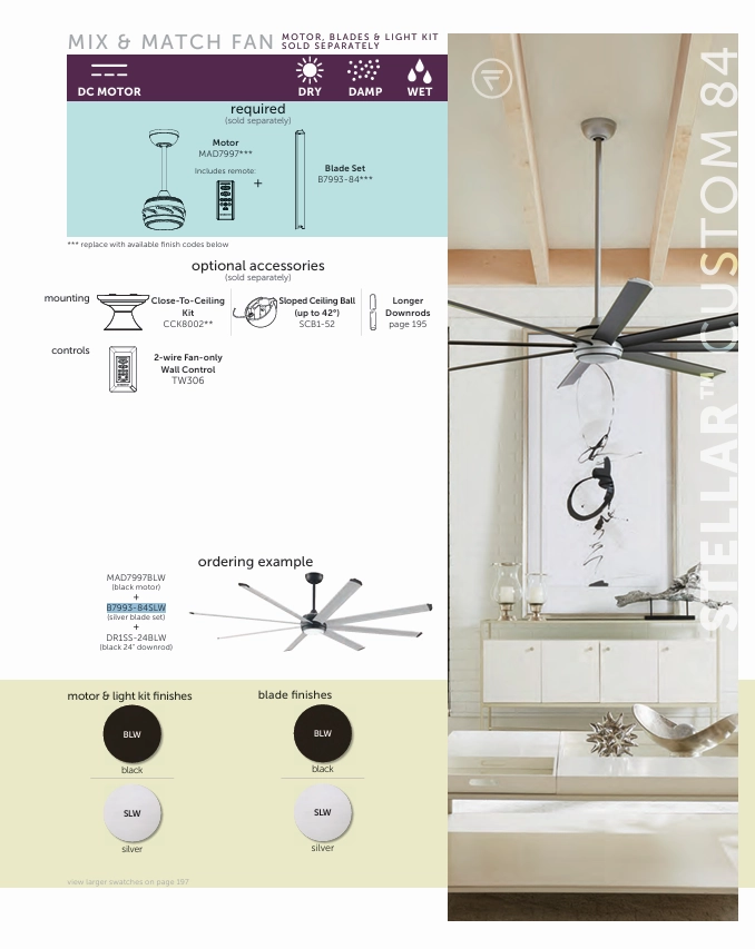Fanimation Stellar 84" Indoor/Outdoor DC Mix & Match Ceiling Fan with 18W LED Light and Remote Control