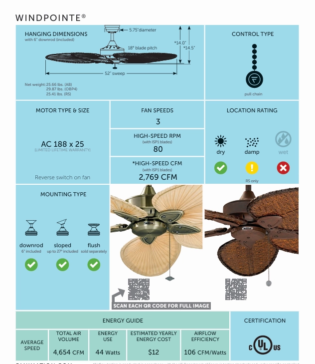 Fanimation Windpointe 52" Indoor/Outdoor Pull Chain Ceiling Fan